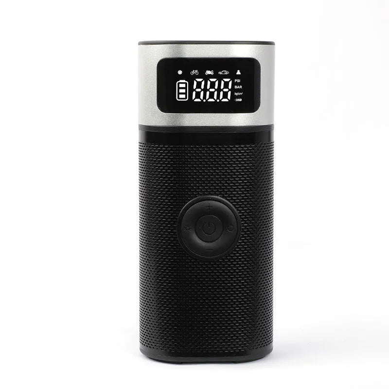 Black portable wireless vehicle air pump with LED light, 15cm hose and accessory nozzles