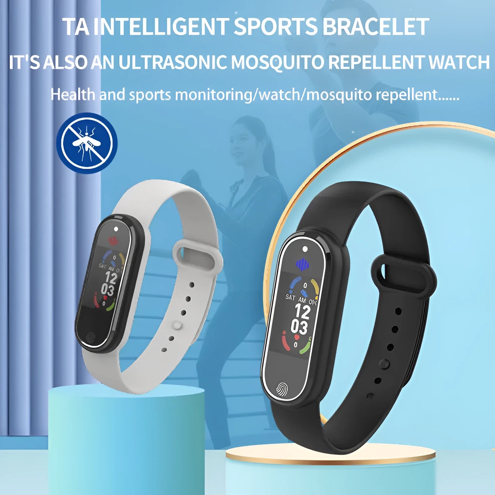 Ultrasonic mosquito repellent bracelet with USB charging in black and white colours