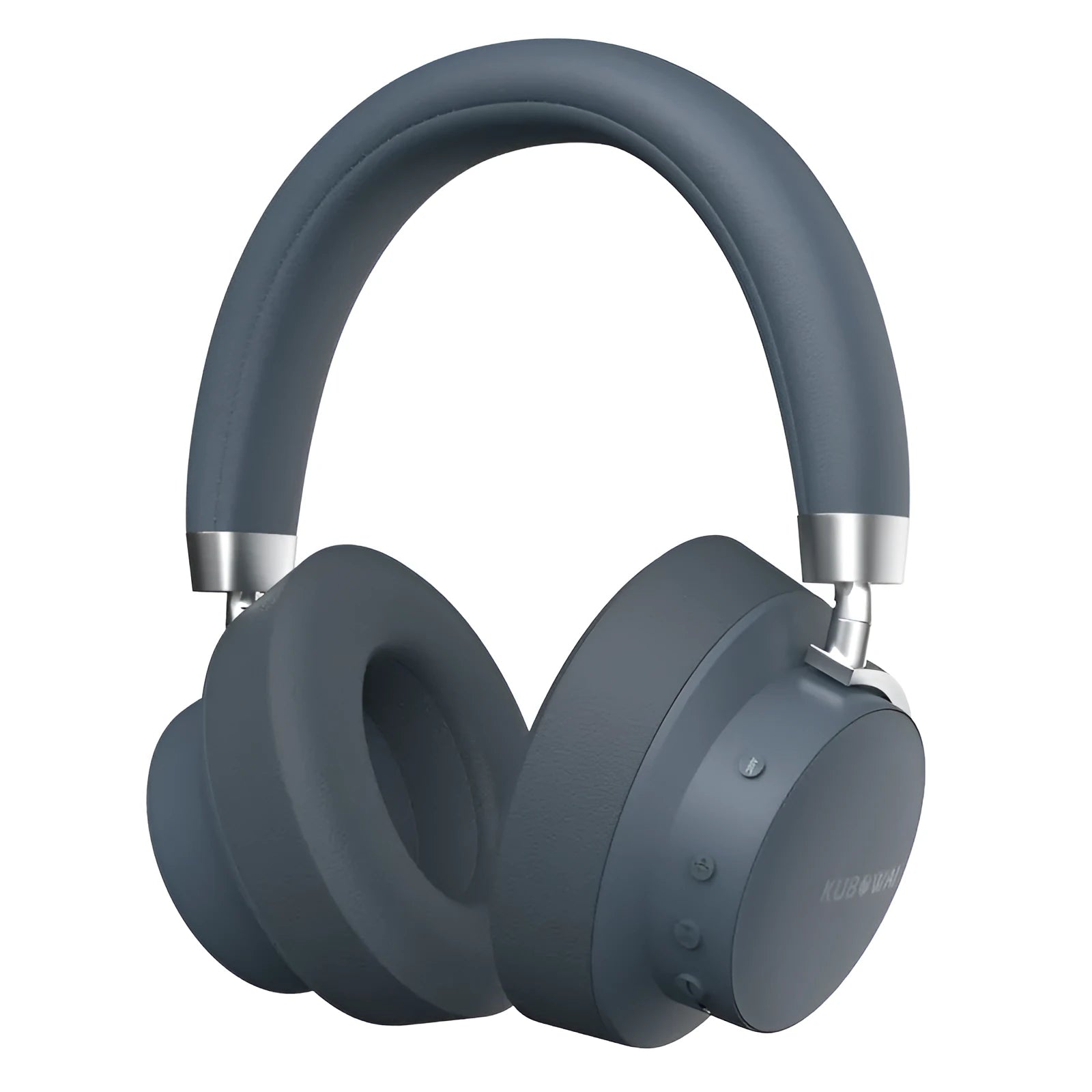 Grey sports wireless Bluetooth headset with head-mounted design showing earphones and charging cable