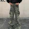 Cotton blend cargo trousers with washed camouflage print and multiple pockets.