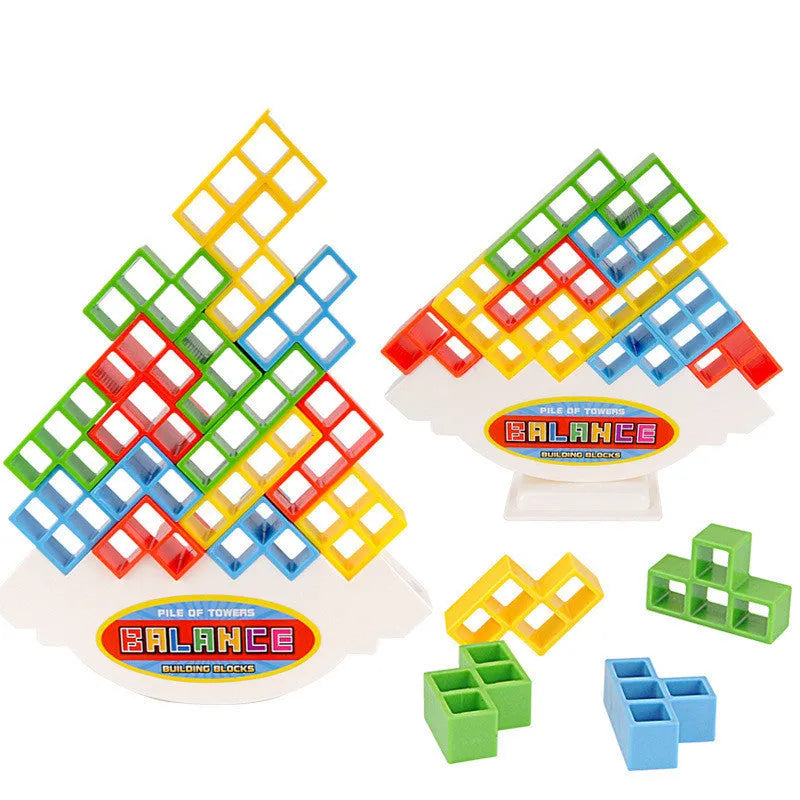 Plastic balance stacking game with colourful blocks on a chassis