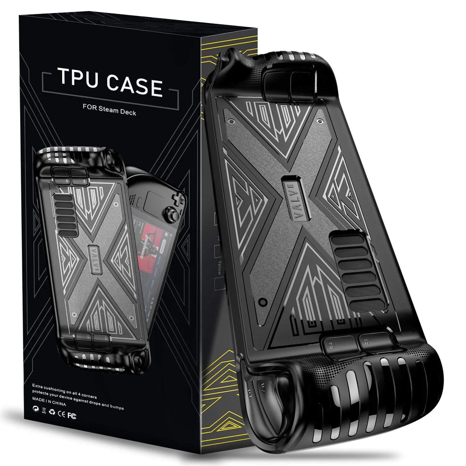 Red, blue, and black soft silicone TPU protective covers for a Steam Deck game console.
