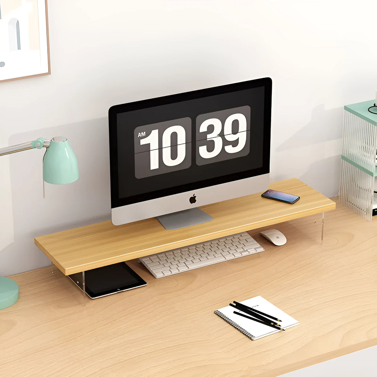 Acrylic and wood computer riser desk storage rack in black, white, walnut or teak, 40cm to 120cm long