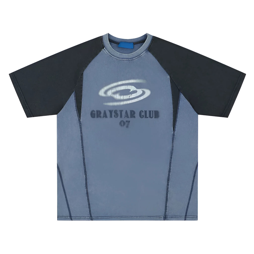 Men's blue hip hop letter print t-shirt with raglan sleeves on a hanger