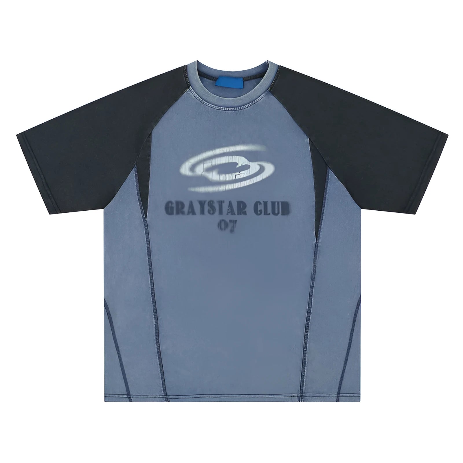 Men's blue hip hop letter print t-shirt with raglan sleeves on a hanger