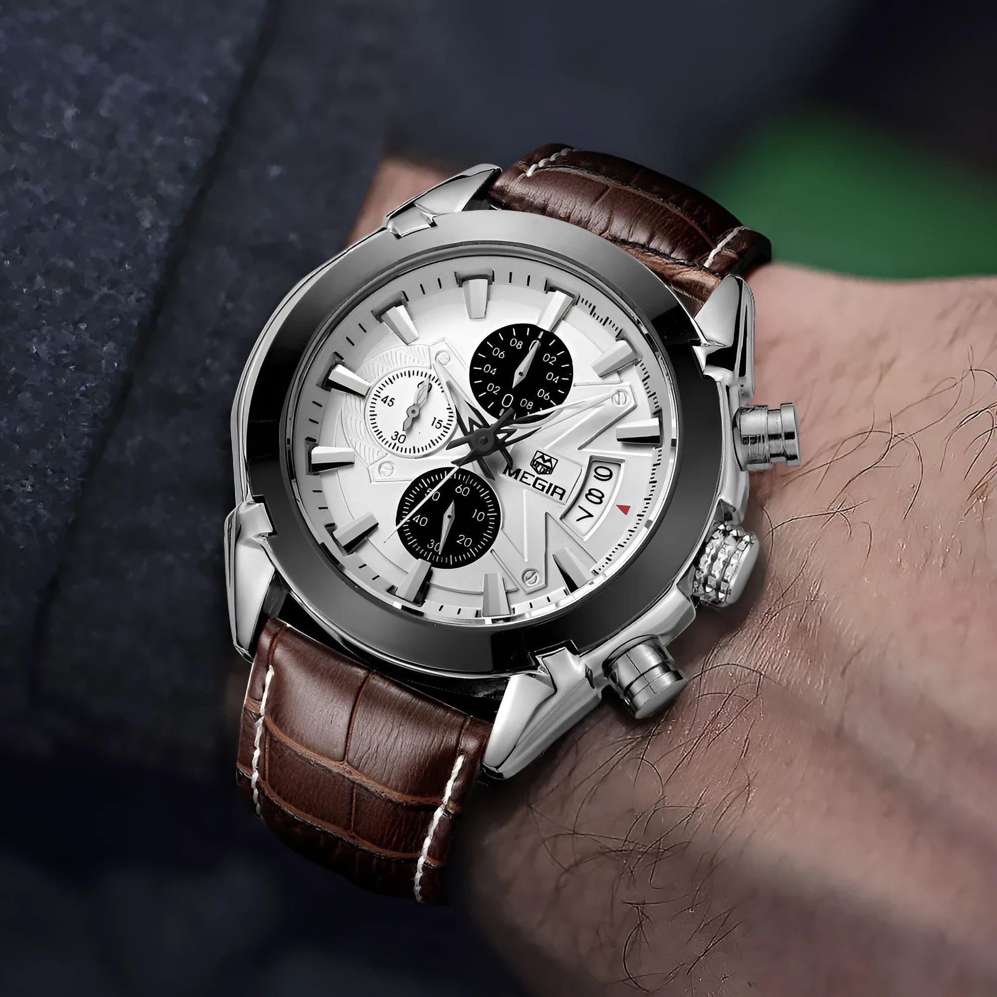 Men's brown and white three-eye chronograph quartz watch with luminous hands