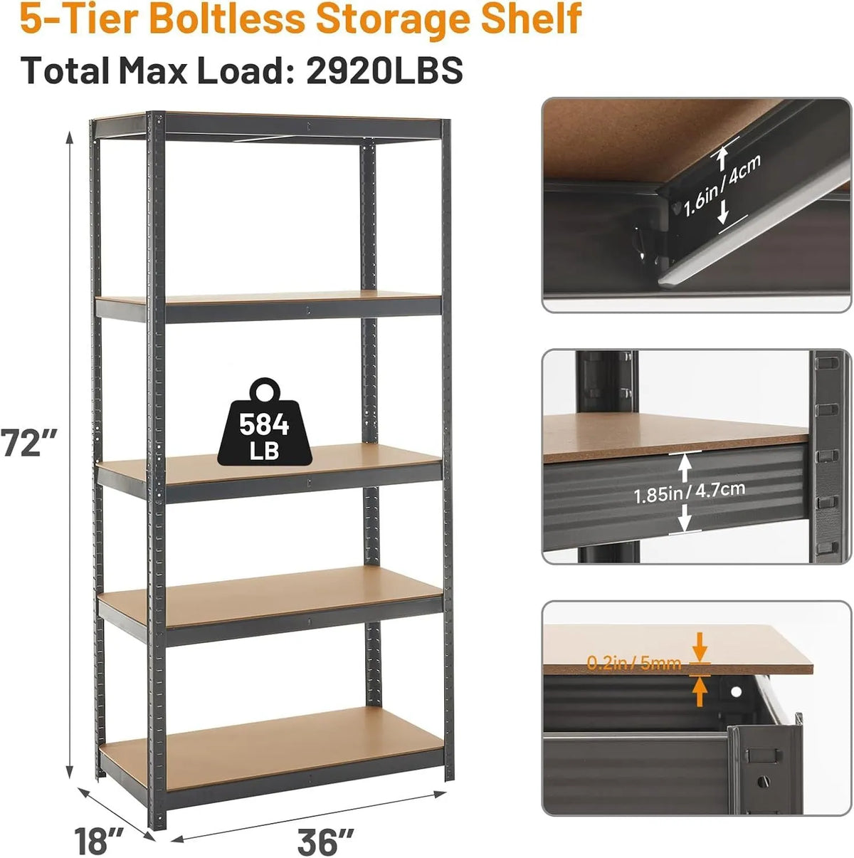 Black five-layer floor display stand storage bookshelf 180cm tall with metal frame