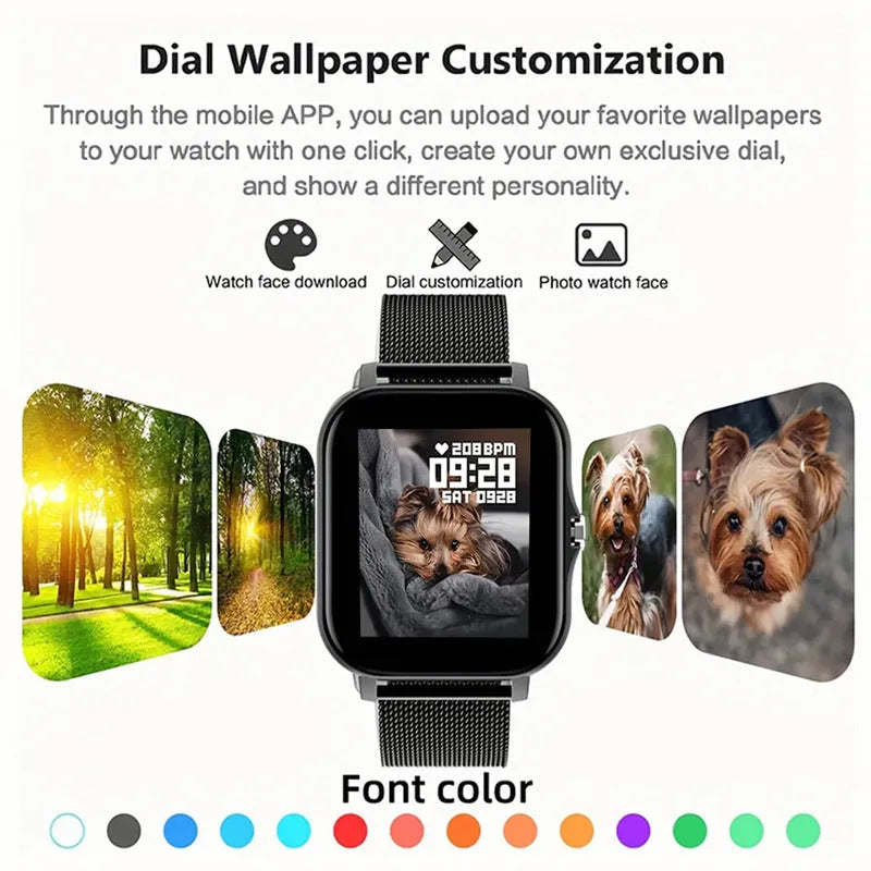 Black and gold smart watch with 1.44-inch touch screen and silicone strap on a wrist