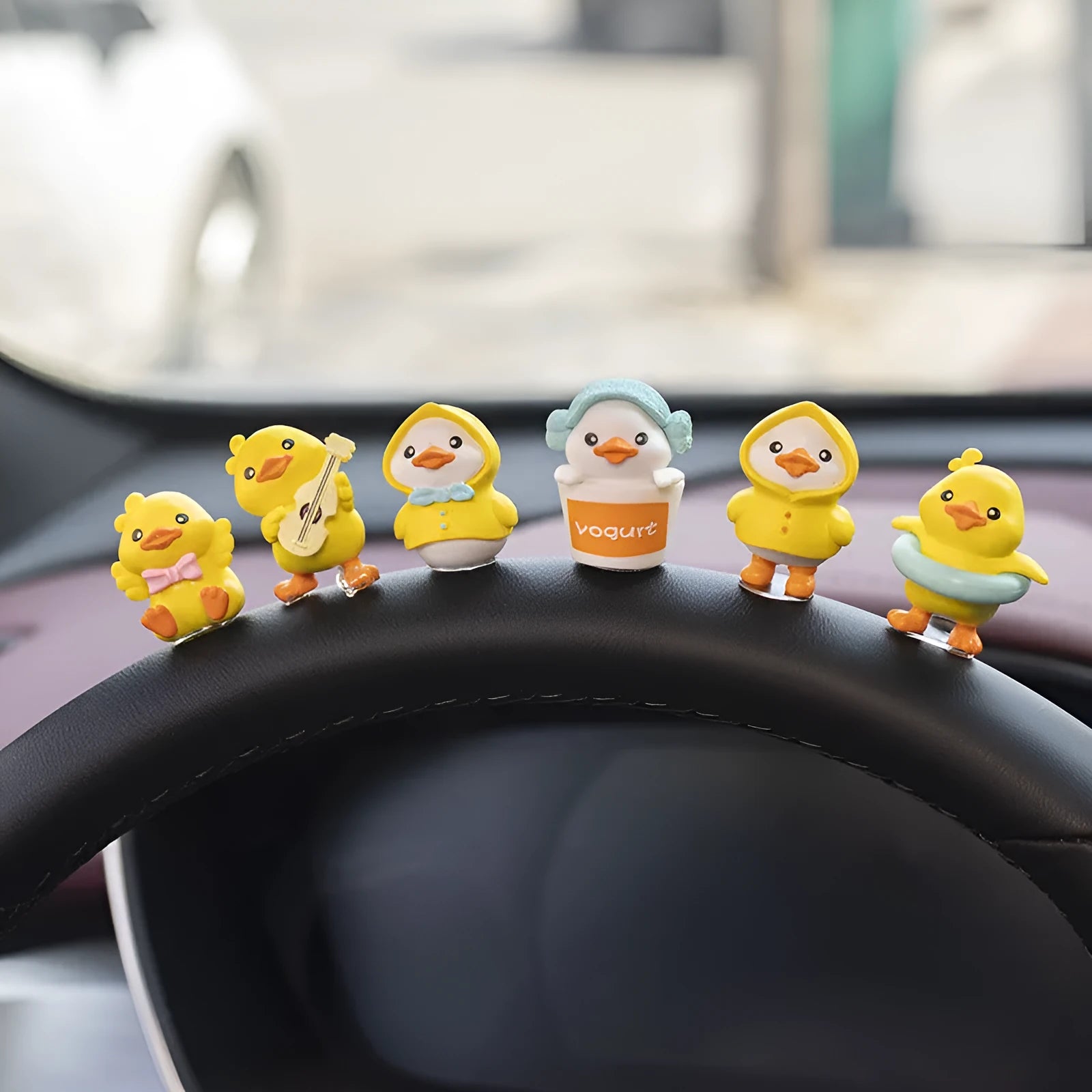 PVC cartoon duckling car interior decoration set with six small ducks and one Hello sign