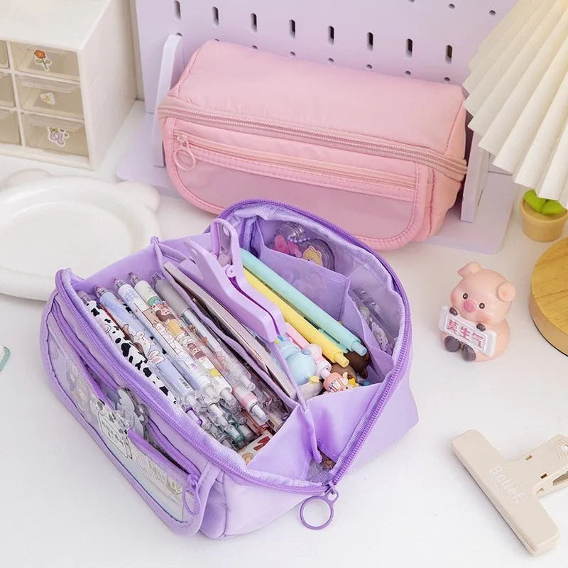 Korean style canvas pencil case with ten-layer flip design in multiple colour options