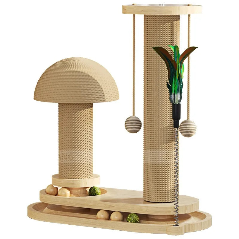 Solid wood cat scratching post with turntable climbing platform in various style configurations