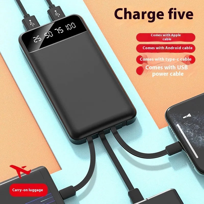 20000 mAh power bank in black, white, or red colours showing compact size and optional cable