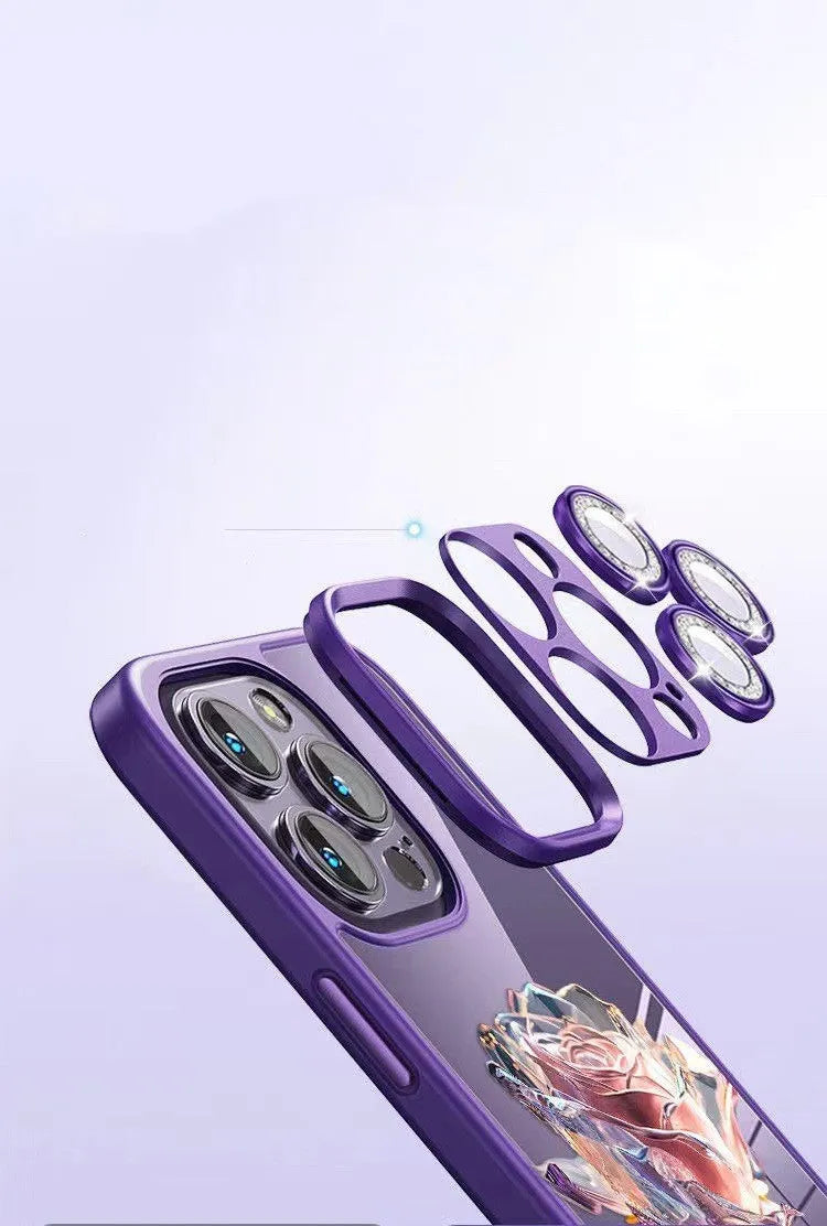 Rose design phone case with sparkling lens film for iPhone models in pink and purple colours