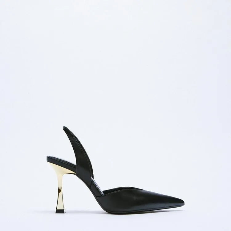 Apricot and black pointed-toe patent leather high heels for women with a shallow cut-out vamp.