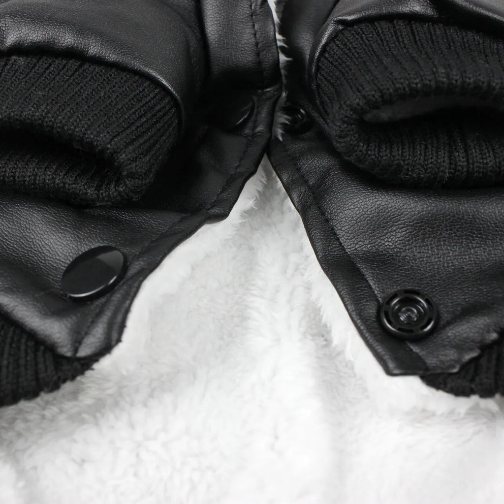 British style leather dog coat with fur collar in black colour