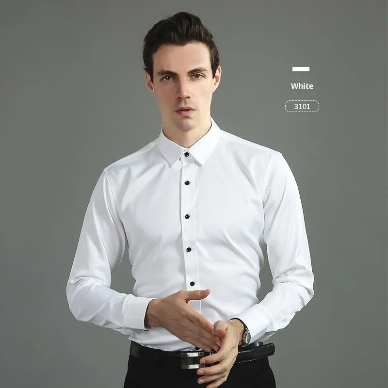 Casual four-way stretch long sleeve shirt in solid colour, slim fit cardigan style for weddings and business, polyester fibre blend