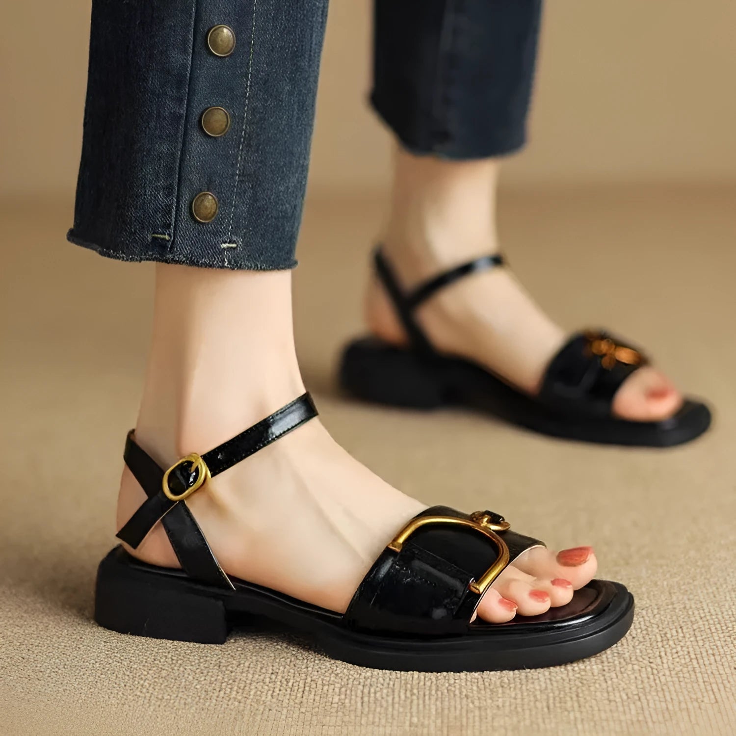 Women's black thick-soled leather sandals with a round toe and button closure on a white background.