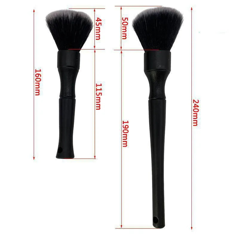 Black car detailing brush with soft pig hair bristles and a PP handle shown in two sizes.