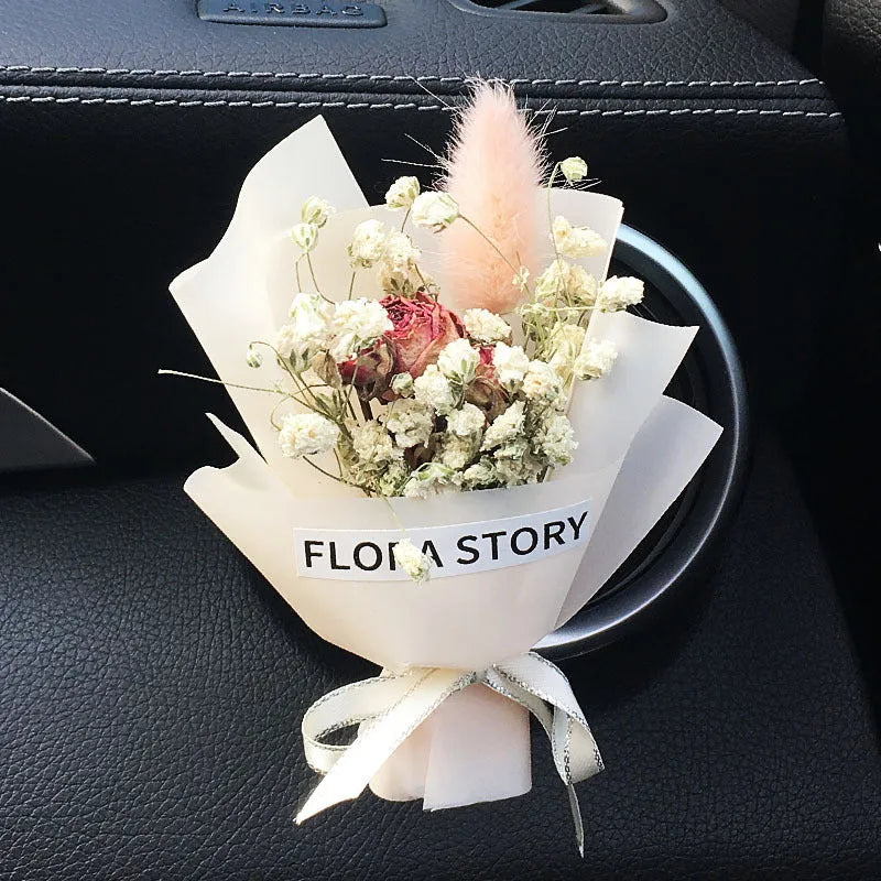 Car vent mounted dried flower bouquet decorative accessory in various floral styles