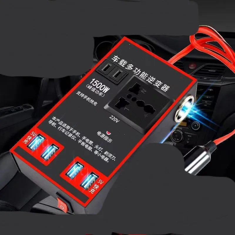 Black automotive power converter transforming 12V/24V car power to 220V AC with four USB charging ports