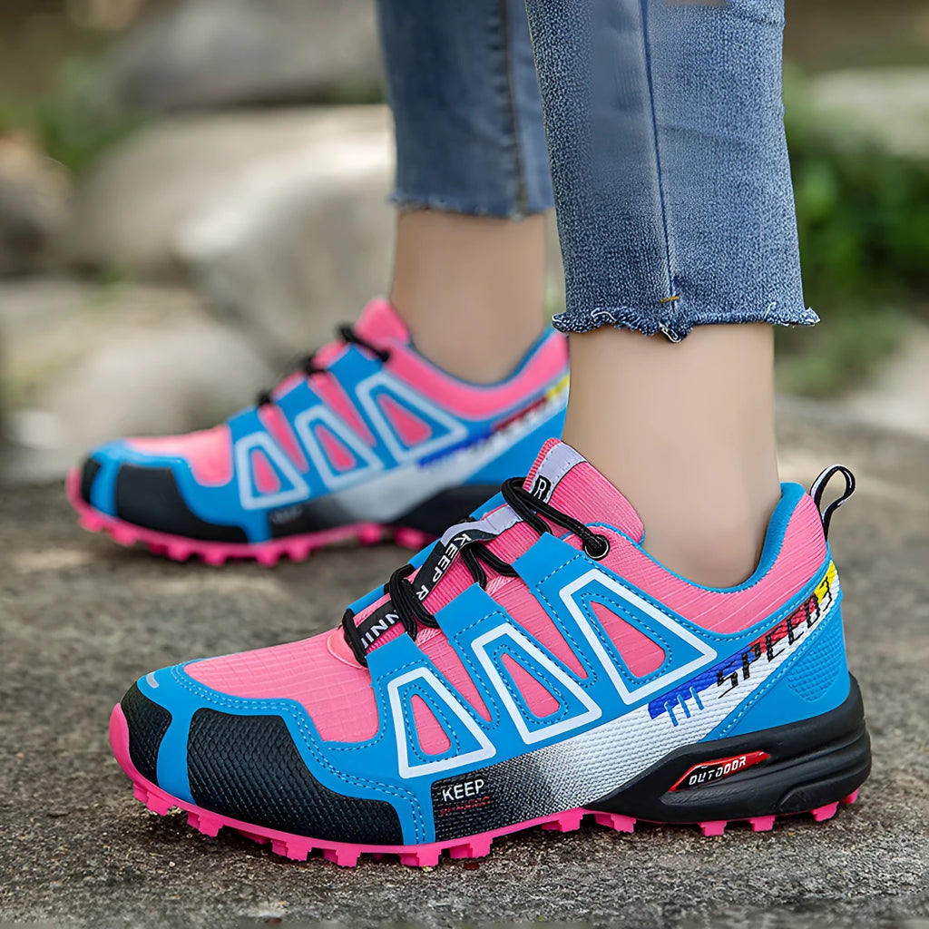 Breathable large size hiking shoes front lace-up leather upper non-slip natural rubber outsole in purple colour