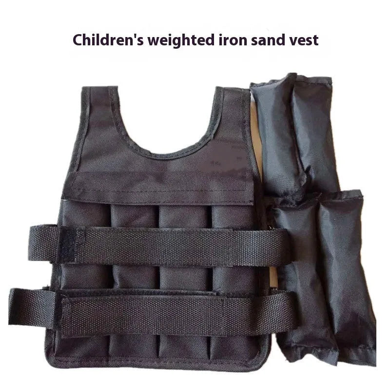 Children's adjustable voile sand vest with removable weight pouches on a mannequin.