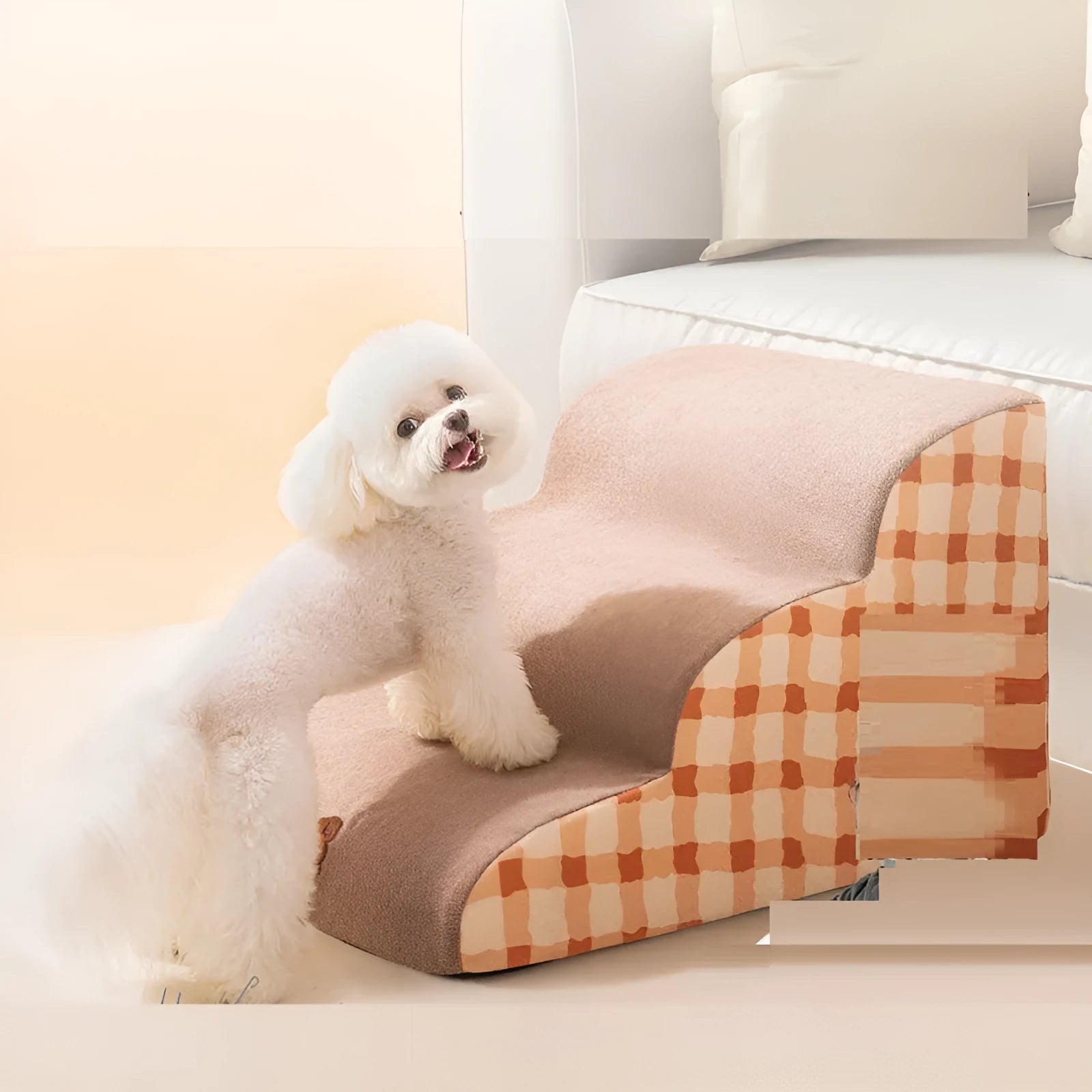Small dog pet stairs in grey with removable sponge steps, corduroy and snow velvet cover, 40x72x40cm