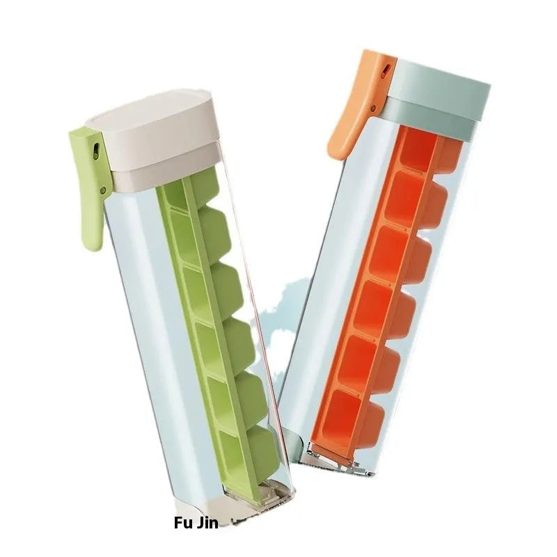 Ice cube tray with one-press release mechanism and storage box in food-grade PET plastic