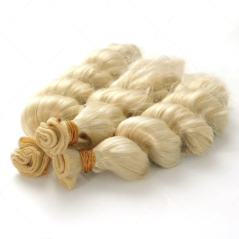 Golden synthetic hair weft wig for women, shown in 18, 20, and 22 inch lengths.