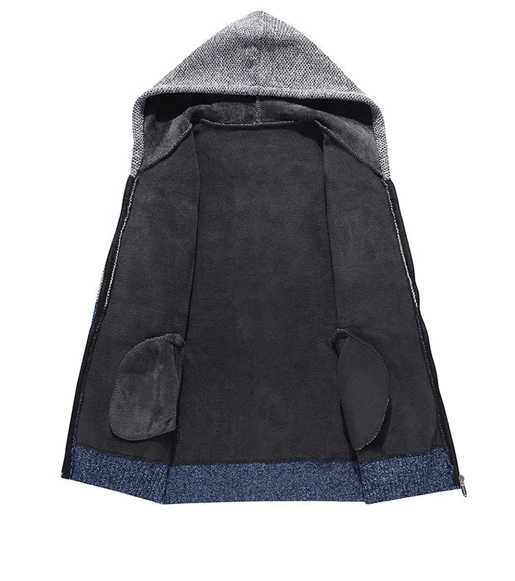 Casual men's hooded plus fleece warm sweater cardigan in grey colour block with long sleeves and zip front