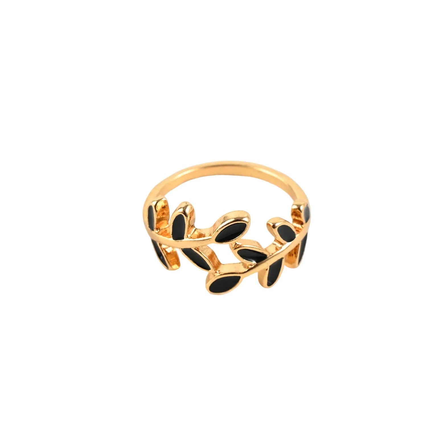 Gold geometric leaf and flower shape acrylic ring for women on index finger.