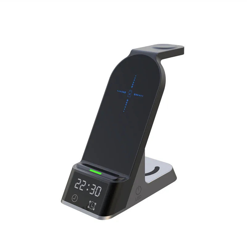 Black multifunctional alarm clock with wireless charging pad, smartwatch dock, and USB port.