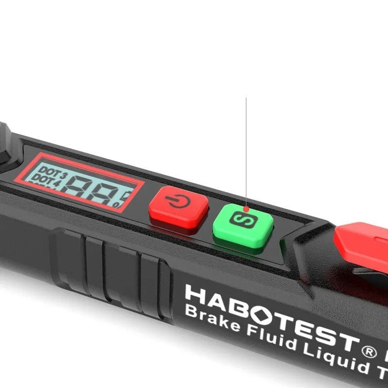 Digital brake fluid tester pen with LCD screen, included batteries and manual in a colour box.