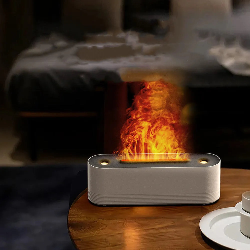 Black ultrasonic aromatherapy diffuser with LED flame lights emitting cool mist vapour