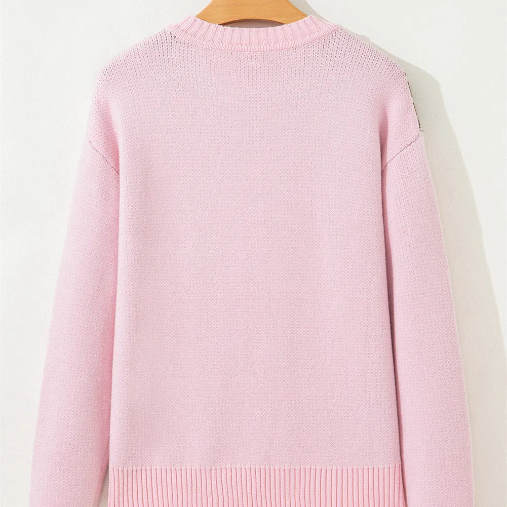Women's pink round neck loose knit sweater with long flight sleeves and pullover style in sizes S to XL