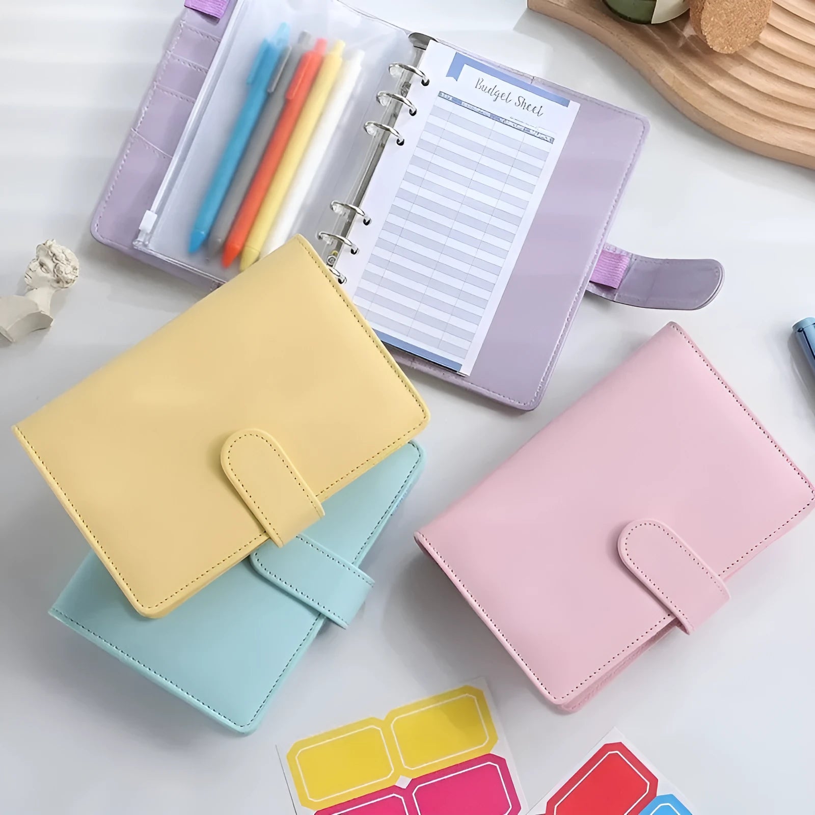 A5 PU leather zipper binder notebook shell shown in multiple solid colours including pink, blue, and black.