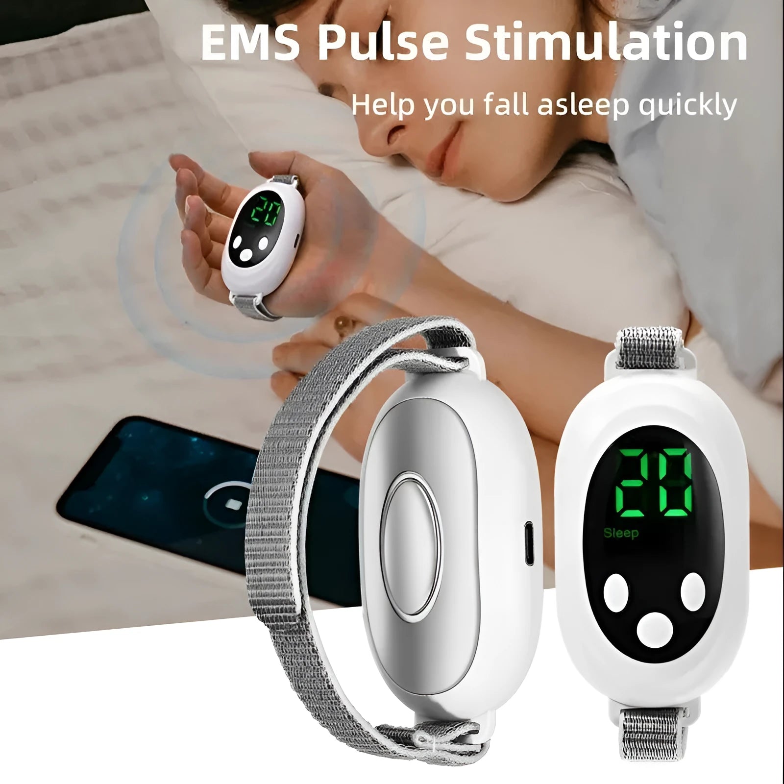 White sleep aid device with handheld remote control showing 20 intensity levels for insomnia relief