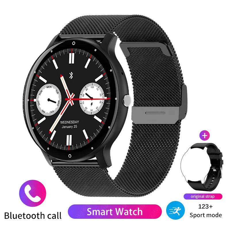 Smart watch with AMOLED touchscreen showing heart rate display, available in multiple colours and strap options, waterproof fitness tracker.