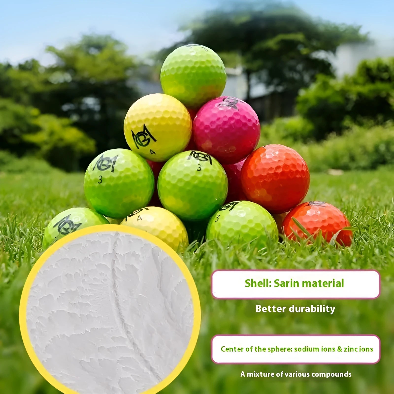 Golf Color Game two-layer practice ball in orange, yellow, green, and rose colours