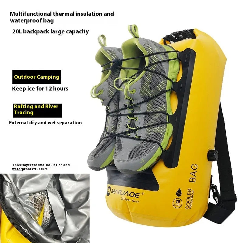 Yellow and black 20L waterproof backpack with dry wet separation for water sports and outdoor activities