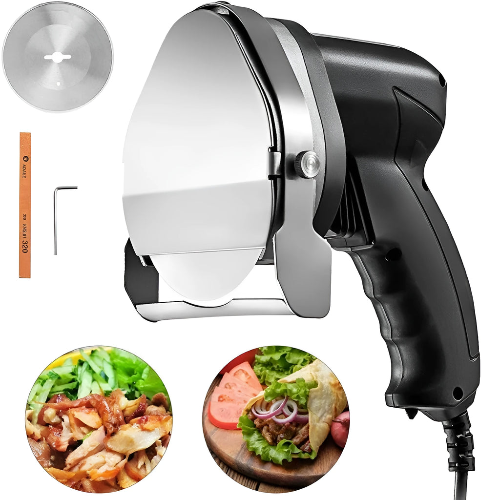 Black electric meat cleaver with EU plug for processing turkey and barbecue meats.