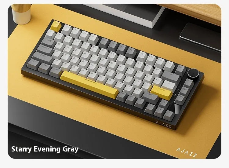 Wireless mechanical keyboard with side-carved PBT keycaps in blue white purple colour, three-mode connectivity, 327x136x40mm