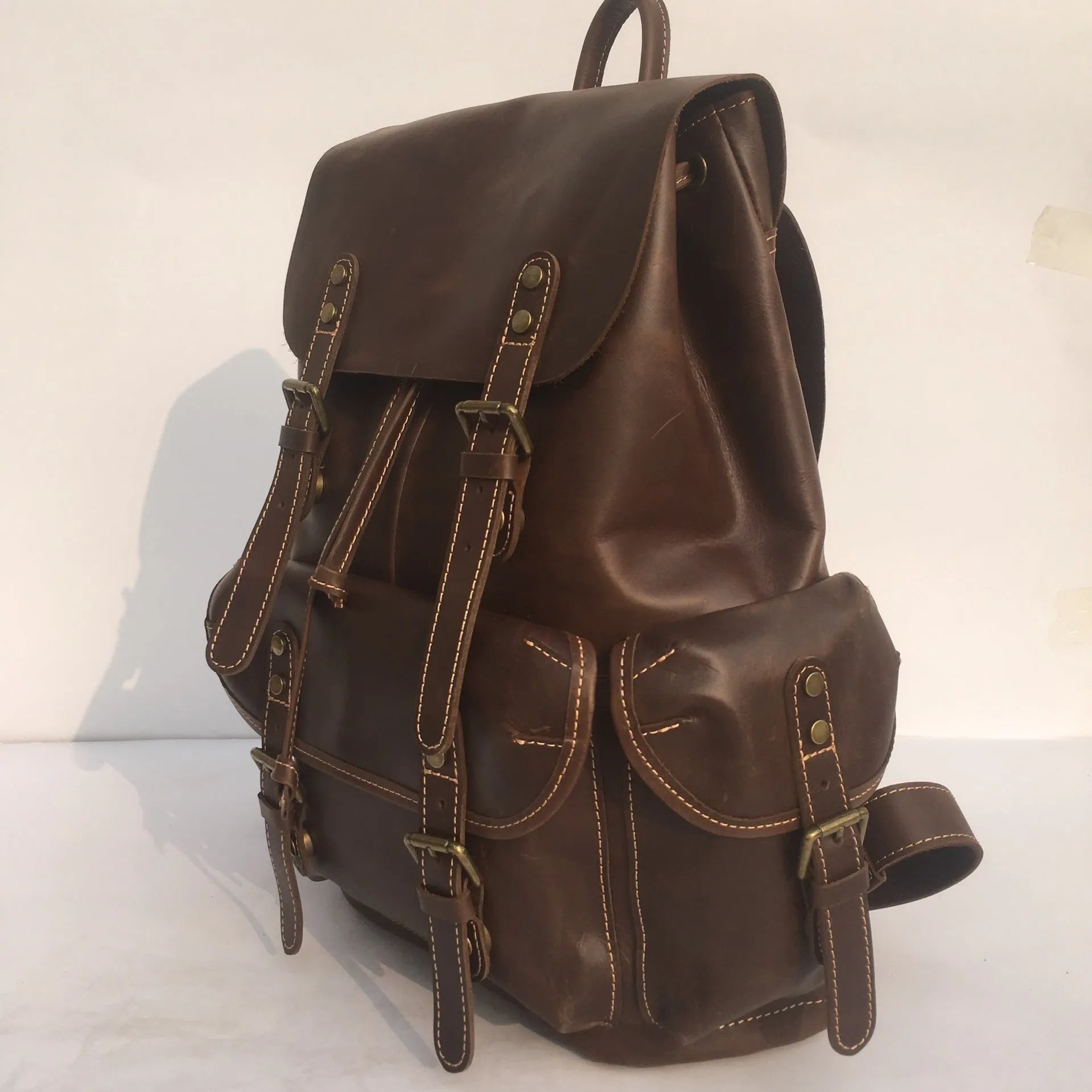 Brown men's genuine leather backpack with air pillow belt shoulder straps
