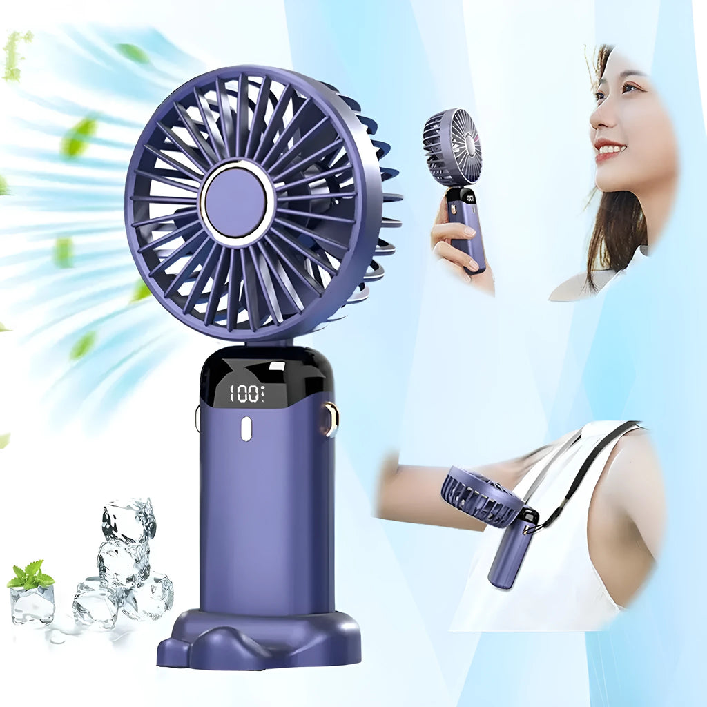 Blue portable USB rechargeable fan shown in handheld mode, with folding neck strap and digital battery display