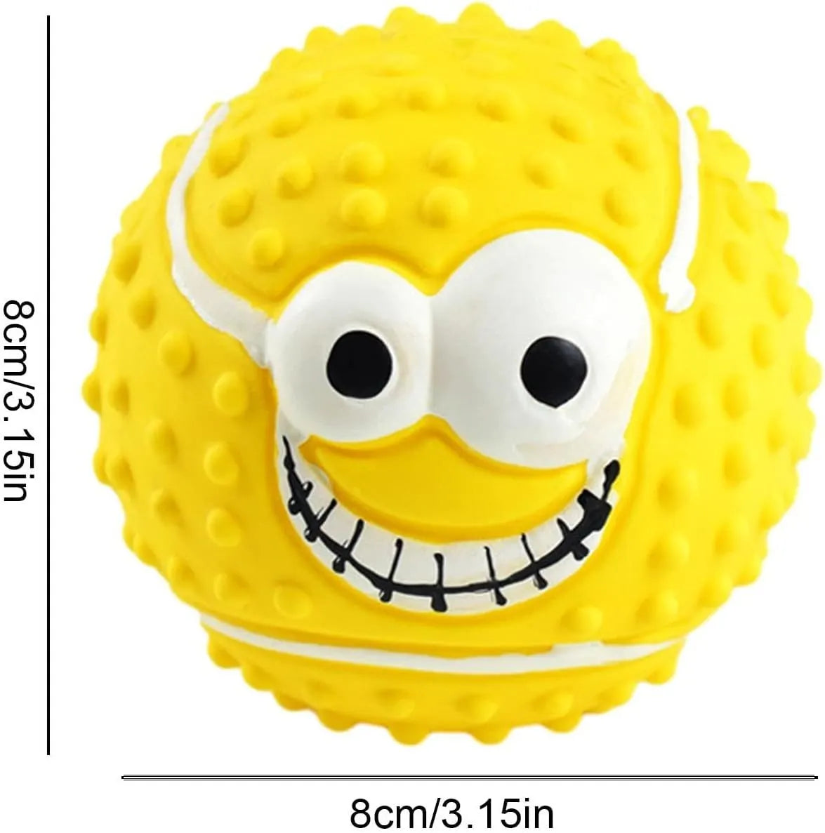 Green, orange, and yellow smile face latex squeaky dog ball toy.