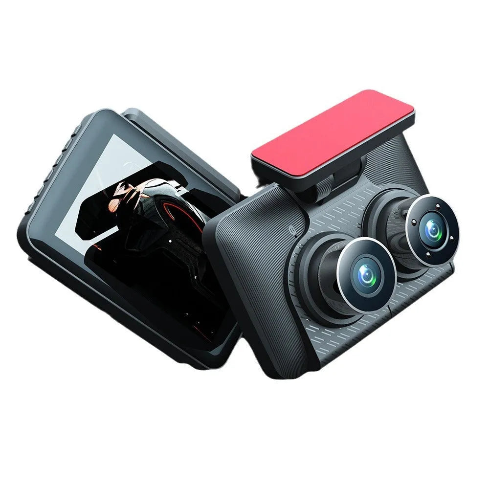 Black 4-inch touch screen car dash cam with wide-angle lens for front and back recording
