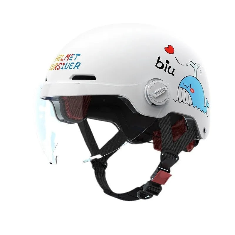Children's blue ABS breathable helmet with mirror visor for electric bike commuting