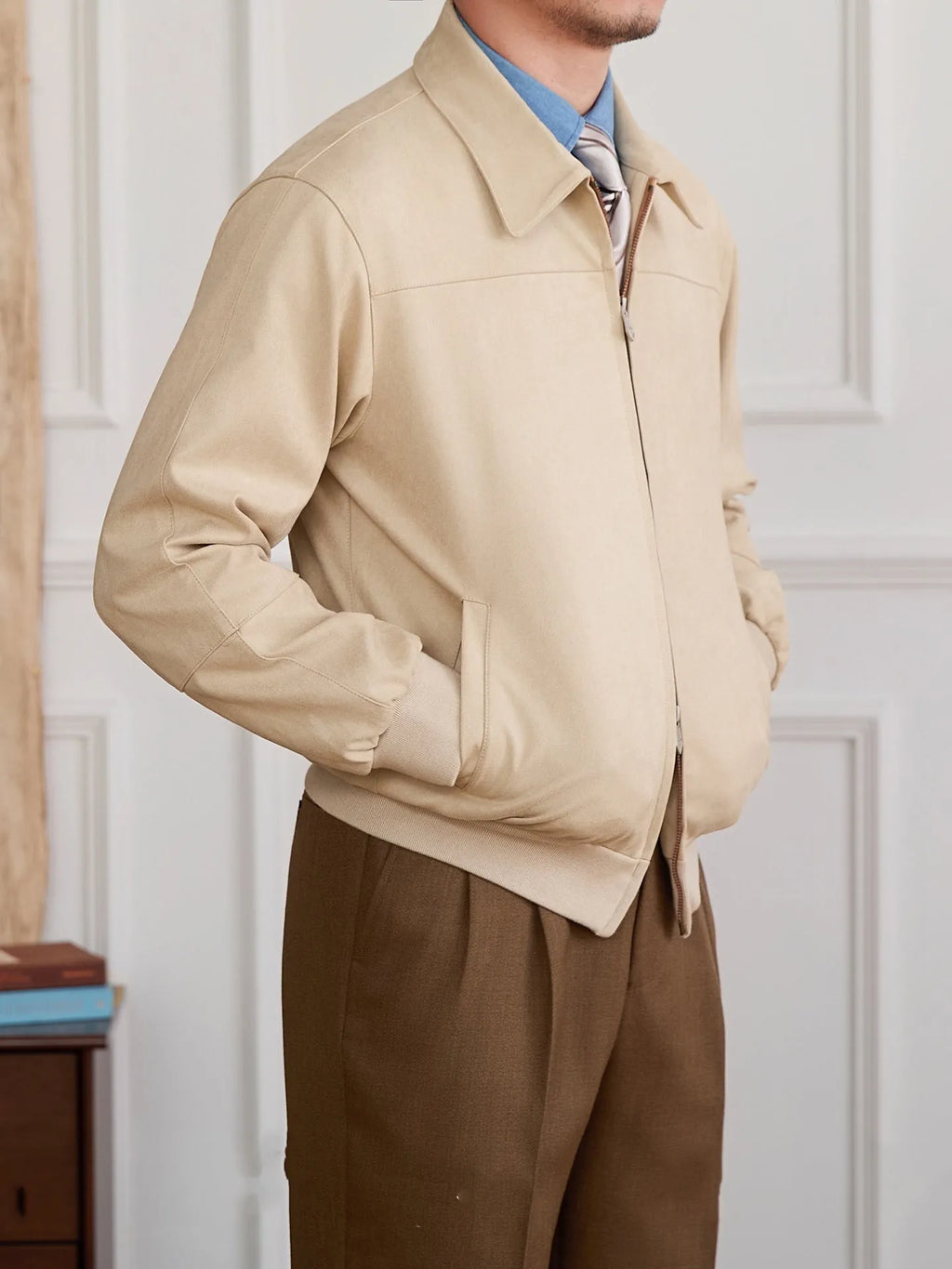 Men's suede bomber jacket with turn-down collar and zipper in apricot colour