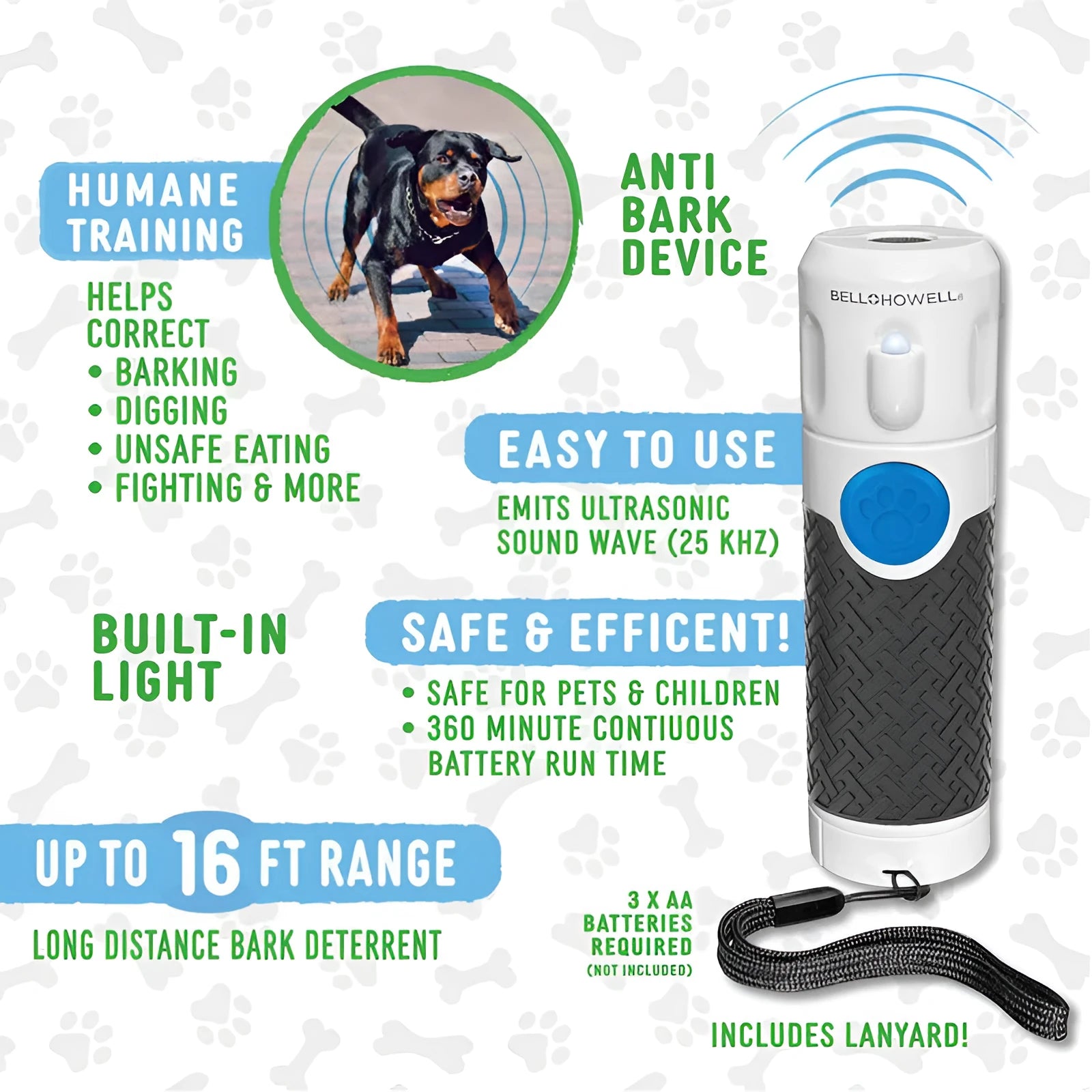 White handheld ultrasonic dog bark control trainer with ABS plastic housing