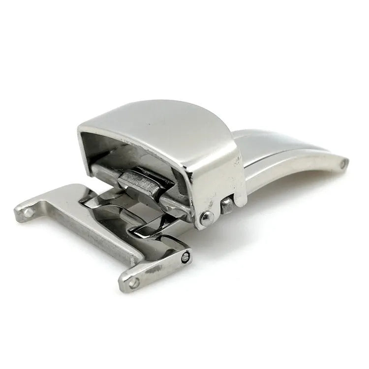 Silver stainless steel single-side folding watch buckle clasp on a white background
